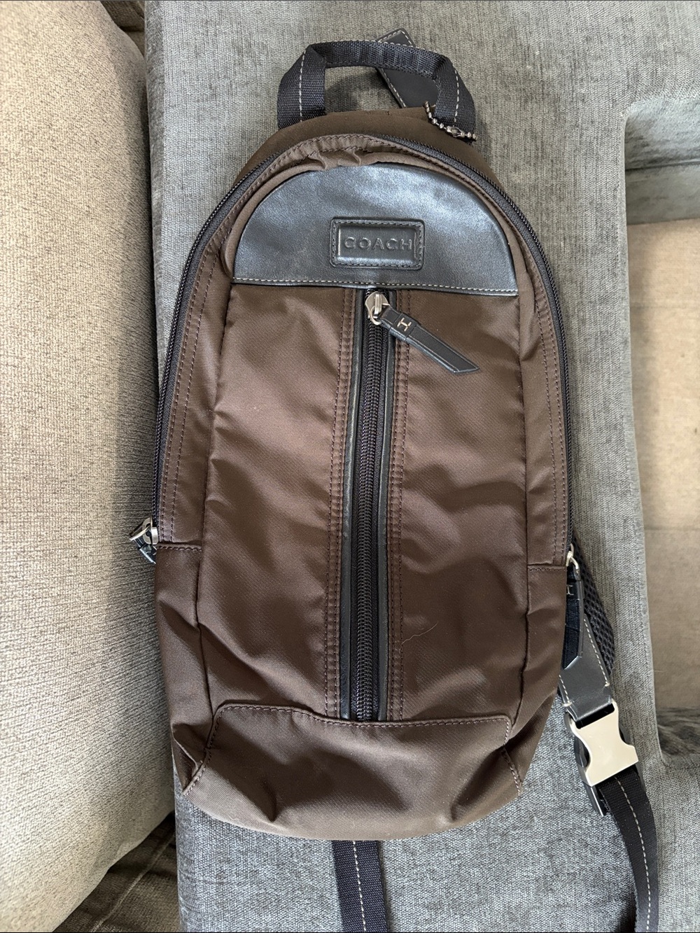 Coach Brown Nylon Sling Bag with Black Trim